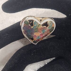Vintage Cloisonne Enamel Heart pendant gold Tone Floral Filigree Multi Color